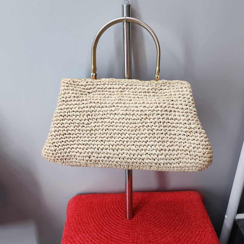 70s Vintage Marcus Brothers Pale Raffia Framed Doctor Bag Purse, Large